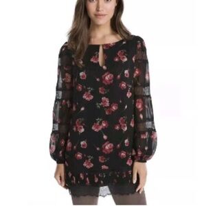 White House Black Market Black and Pink Floral Tunic